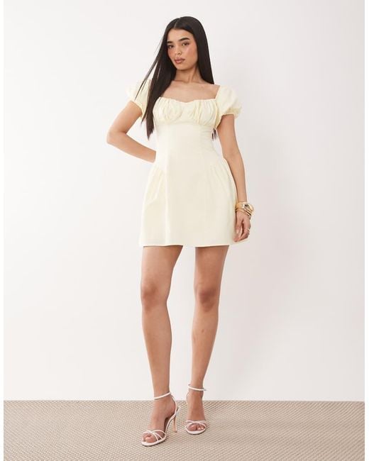 Kaiia Pink Exclusive Cotton Milkmaid Puff Sleeve Hip Pleat Detail Mini Dress