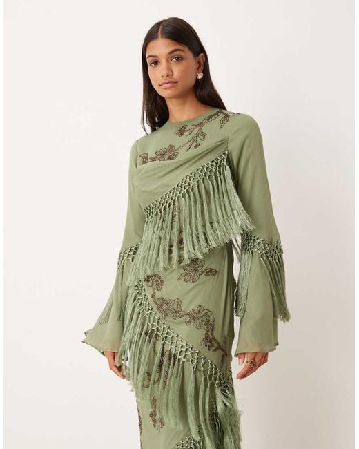 ASOS Green Long Sleeve Floral Embellished Maxi Dress With Draped Fringe