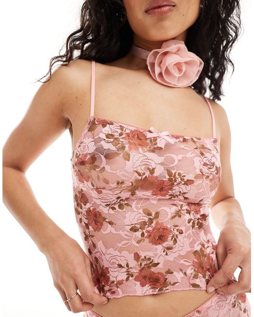 Motel Pink Bow Detail Lace Cami Co-ord