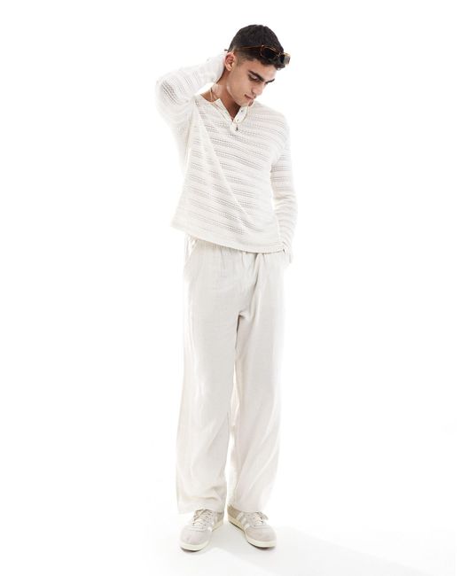 T-shirt a maniche lunghe con collo serafino testurizzato beige di ASOS in White da Uomo