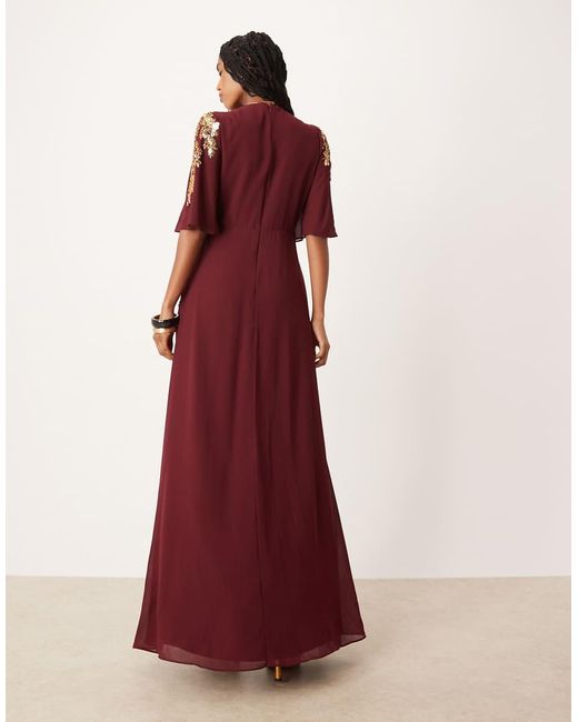 Hope & Ivy Red V-neck Embellished Maxi Dress