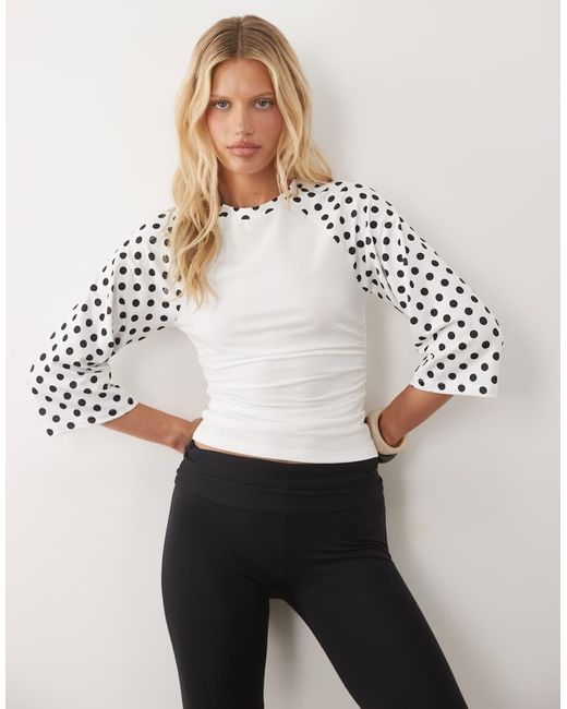ASOS White Short Contrast Sleeve Top With Cinched Waist
