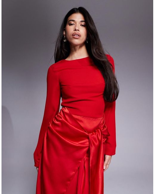 ASOS Red Blouson Sleeve Chiffon Maxi Dress With Satin Wrap Skirt