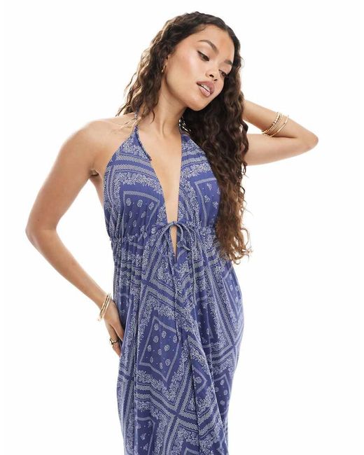 Miss Selfridge Blue Halter Neck Spun Maxi Dress