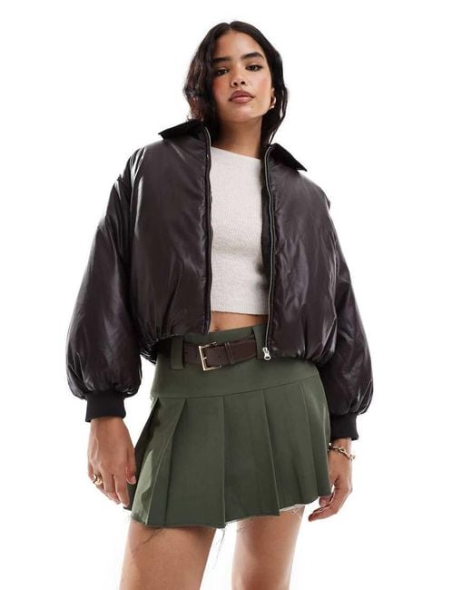 Stradivarius Black Str Cropped Faux Leather Puffer Jacket