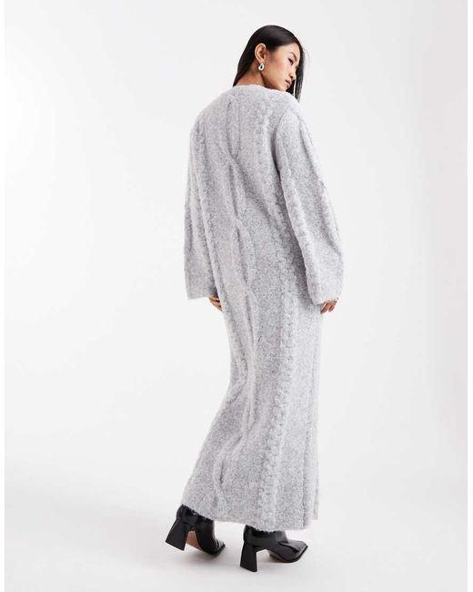 4th & Reckless White Wool Feel Cable Knit V-neck Maxi Sweater Dress