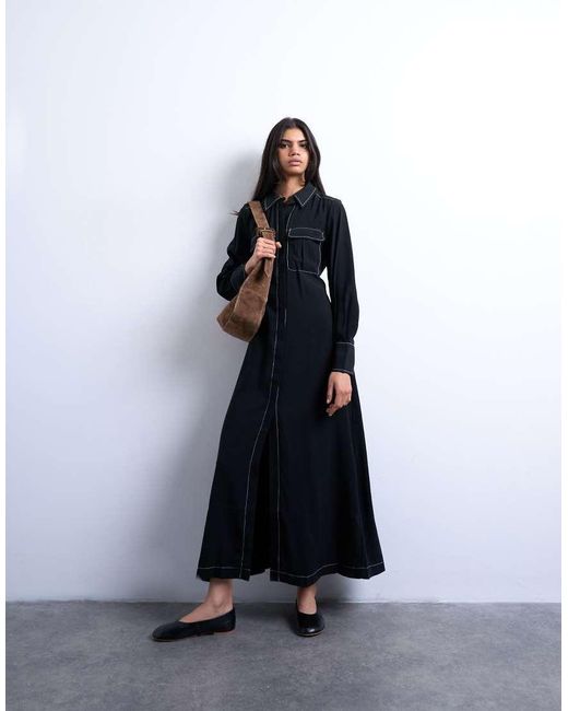 Vestido Camisero Midi De Manga Larga Con Lazada Y Pespuntes En Contraste De TOPSHOP de color Blue