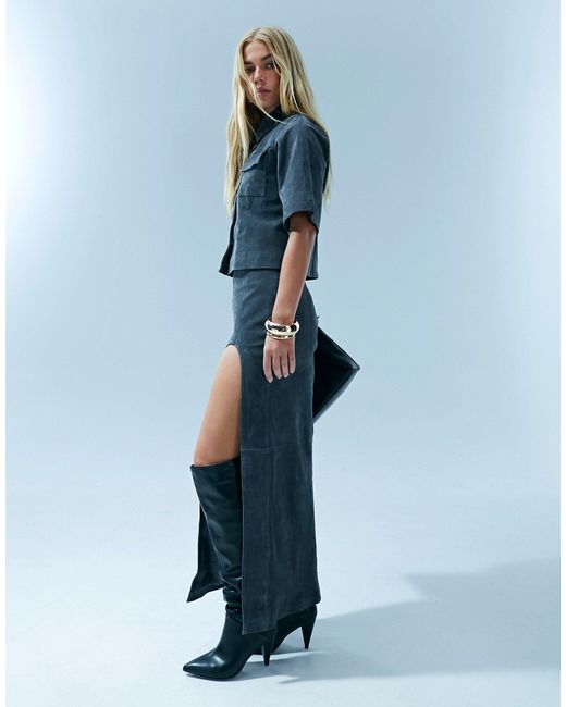 ASOS Blue Real Suede Maxi Skirt With High Curved Split
