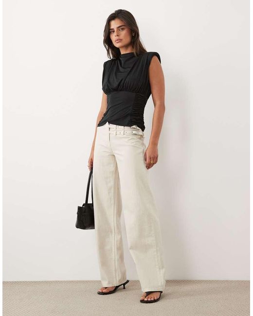 ASOS Natural Ruched Waist Grown On Neck Shoulder Pad Top