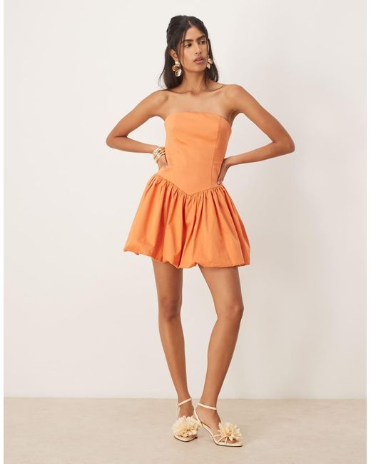 Vestido Corto Con Escote Palabra De Honor, Cintura Baja Y Bajo Abullonado De Mezcla De Algodón De Mango de color Orange