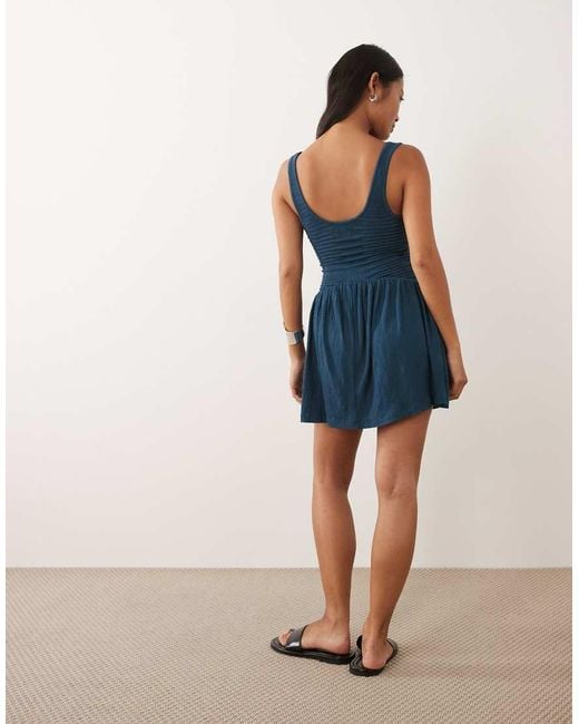 ASOS Blue Asos Design Petite Crinkle Button Through Mini Dress
