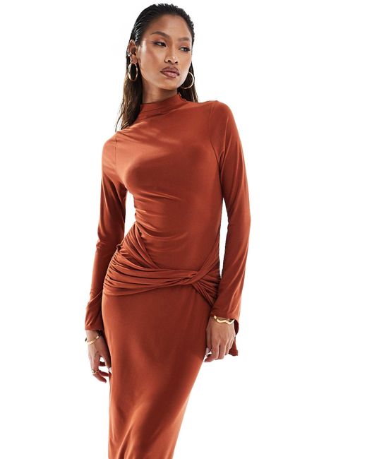 ASOS Slinky High Neck Long Sleeve Maxi Dress With Twist Detail in Red Lyst Canada