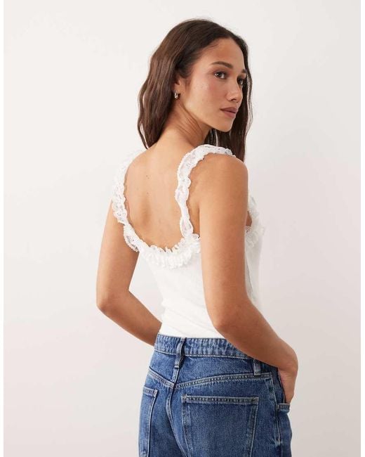 Miss Selfridge Brown Ribbed Bodysuit With Lace Ruffle Detail