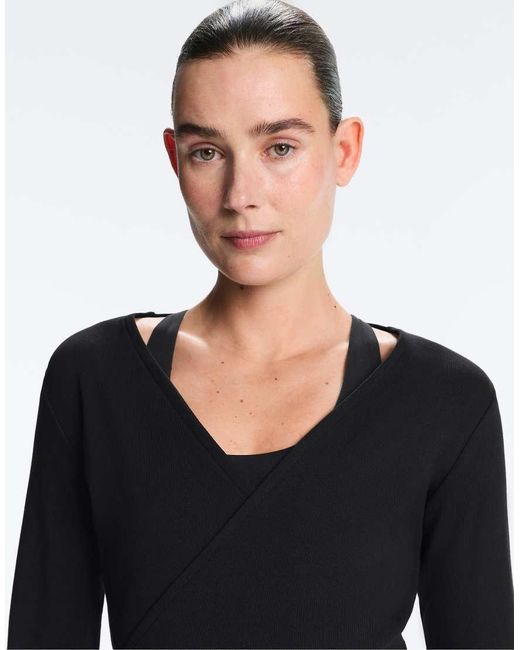 Oysho Black Heavy Rib Cotton Blend Wrap Top With Tie