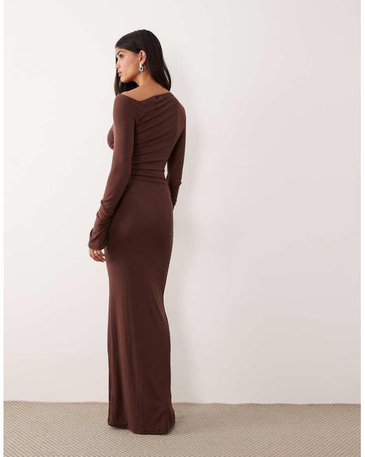 SNDY'S Brown Fine Rib Off Shoulder Ruched Detail Maxi Dress