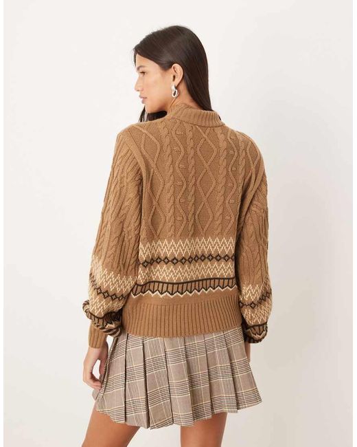 Threadbare Brown Chunky Turtleneck Jumper With Fairisle Design