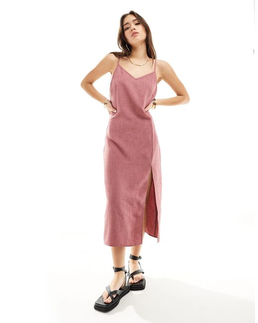 Vila Pink Linen Touch Cami Midi Dress With Slit Front