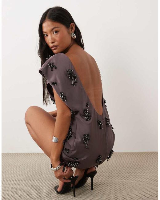 ASOS Brown Asos Design Petite Open Back Cluster Embellished Mini T-shirt Dress