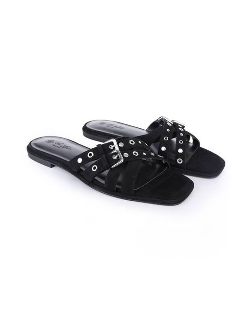 OFF THE HOOK Black Isla Suede Leather Eyelet Strappy Flat Sandals