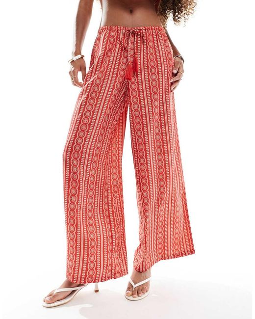 Wednesday's Girl Red Tile Print Wide Leg Beach Trousers
