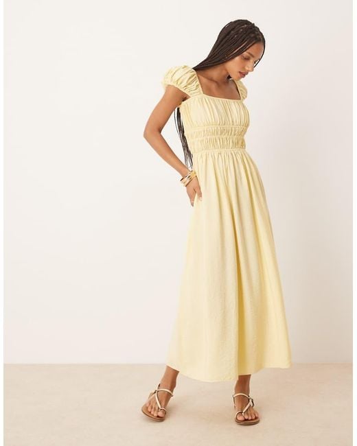 ASOS Natural Square Neck Short Sleeve Midi Dress With Cinched Channel Waist