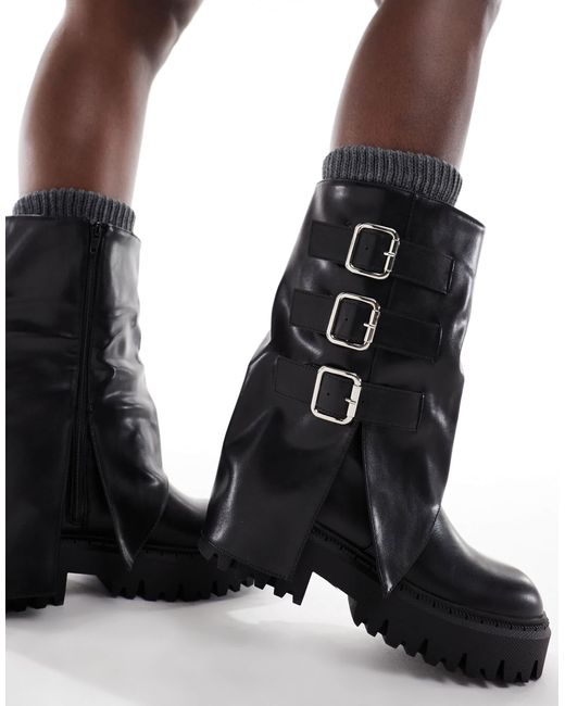 SEQWL Wide Fit Black Stella Buckle Detail Chunky Boots