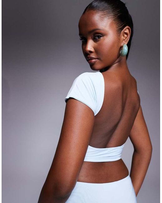 Kaiia White Exclusive Double Layered Slinky Low Back Crop Top Co-ord