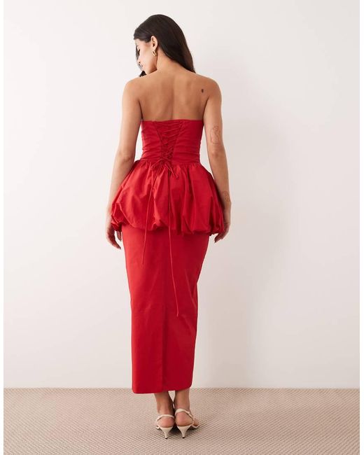 Kaiia Red Exclusive Bandeau Volume Peplum Puffball Lace Up Back Column Maxi Dress