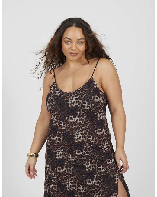 Brave Soul Brown Curve Leopard Print Strappy Maxi Dress With Split Detail