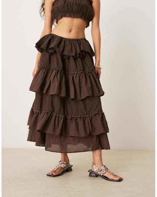 Falda Larga Marrón De Estilo Campestre Con Volantes De Algodón De (Parte De Un Conjunto) ASOS de color Natural