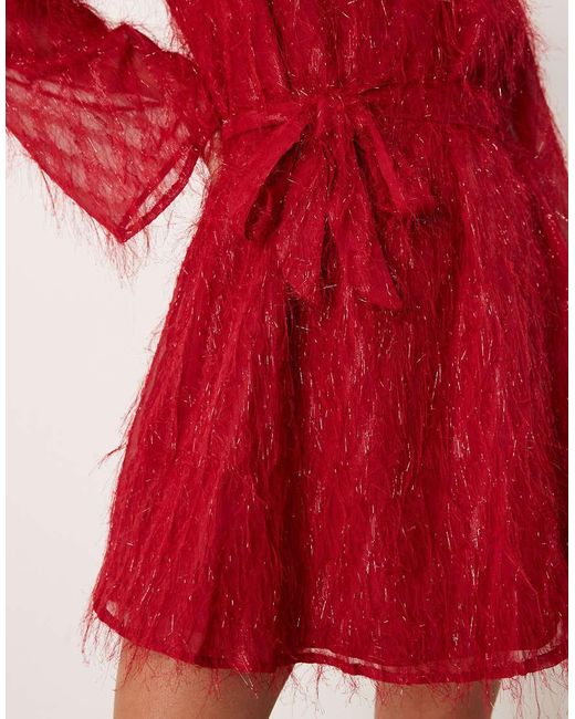 Vila Red Fluffy Textu Tie Waist Mini Dress