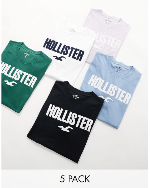 Confezione da 5 t-shirt bianca, lilla, blu, verde e nera con logo grande di Hollister in Blue da Uomo