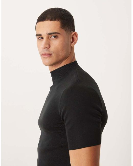 ASOS Black Muscle Fit Knitted Rib Turtle Neck T-shirt for men