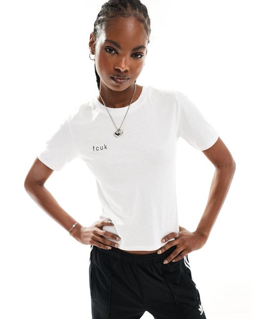 French Connection White Fcuk Cropped Fitted T-shirt