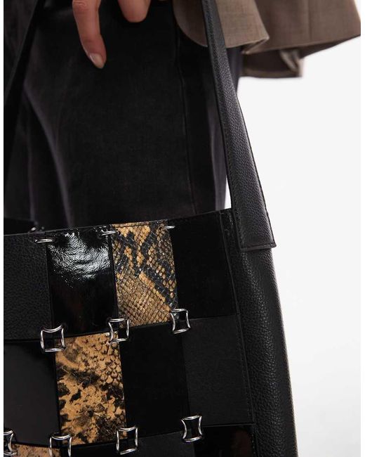 Mango Leren Tas Met Patchwork in het Black
