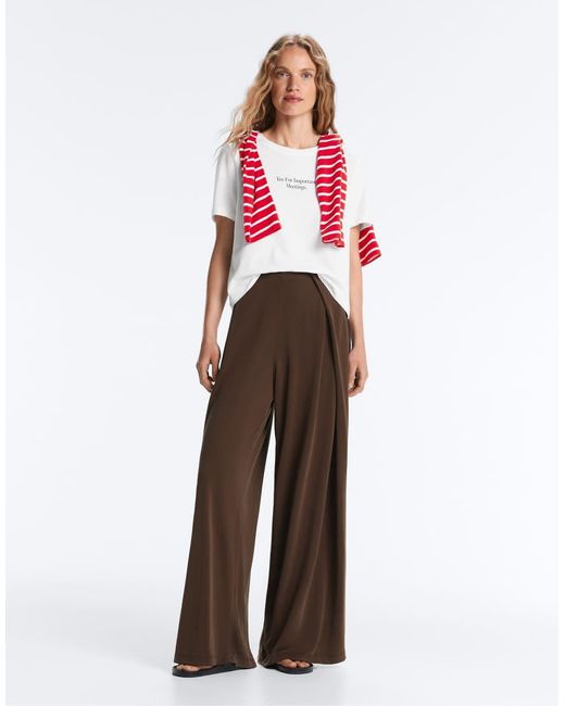 Oysho Brown Modal Blend Straight-Leg Trousers With Side Pleat