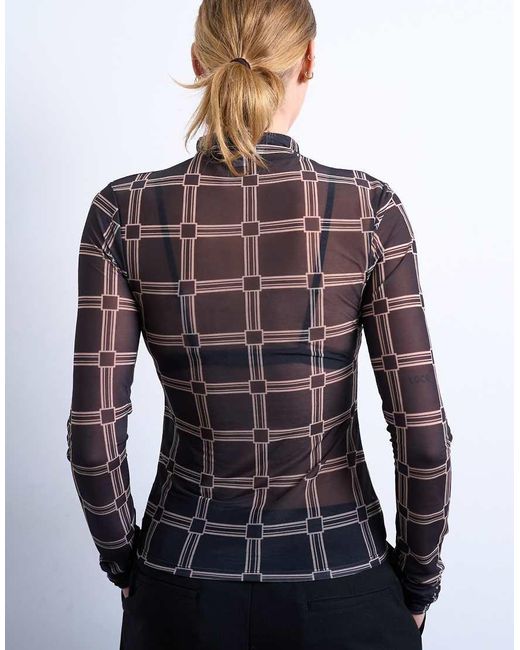 TOPSHOP Blue Mesh High Neck Check Print Long Sleeve Top