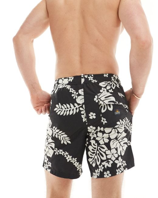 Superdry Black Hawaiian Print 17-inch Swim Shorts for men