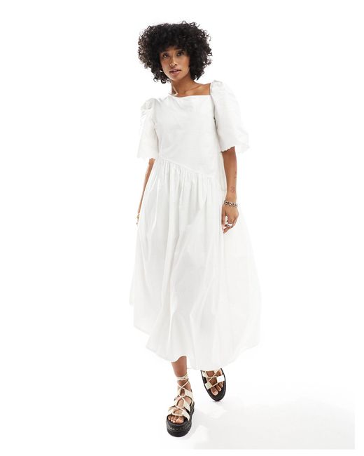 Native Youth White Asymmetric Cotton Poplin Midaxi Dress