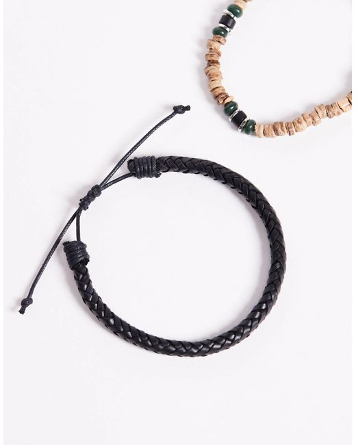 ASOS Black Festival Leather And Wood Beaded 2 Pack Bracelet for men