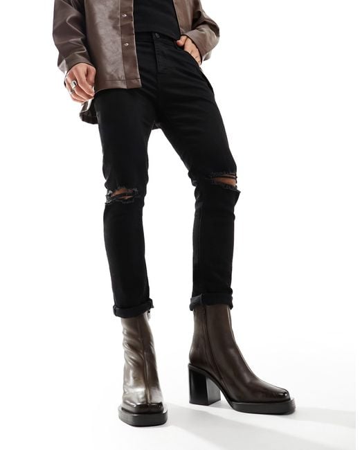  boots for men Asos Design Mens Brown Leather Square Toe Side Zip Mens  main image 4