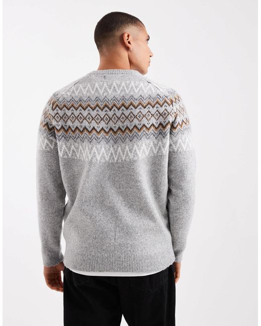 Threadbare Gray Fairisle Print Crew Neck Jumper for men