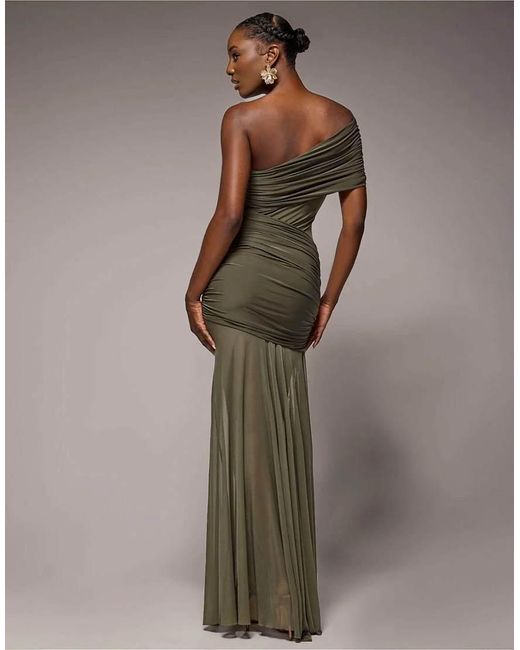 Goddiva Green Gathered One Shoulder Sheer Panel Maxi Dress