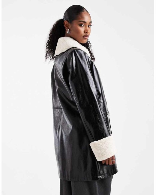 Miss Selfridge Black Contrast Collar Faux Leather Coat