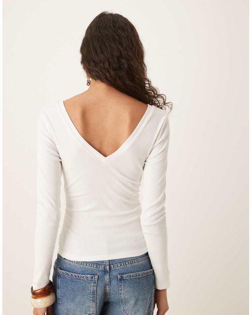 ASOS White V Neck Cinched Mini Rib Long Sleeve Top