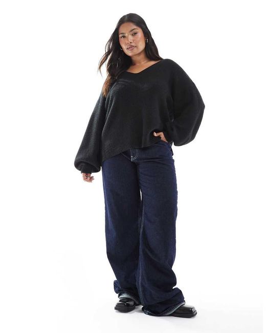 Threadbare Black Plus Fluffy V-neck Slouchy Sweater