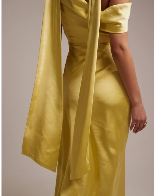 Six Stories Yellow Bridesmaids Satin Drape One Shoulder Maxi Dress