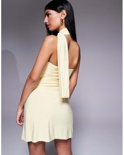 Fashionkilla Yellow Exclusive Slinky Double Sculpted Halterneck Scarf Detail Mini Dress