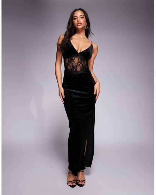TFNC London Plunge Neck Maxi Dress With Lace Insert in Blue | Lyst