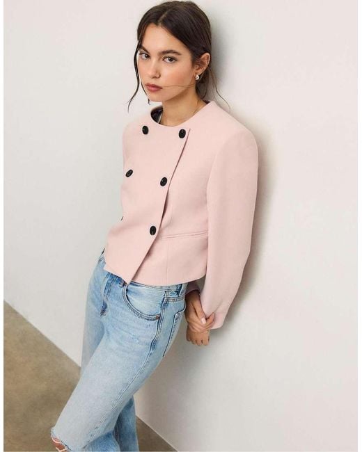 Stradivarius Pink Cropped Round Neck Blazer